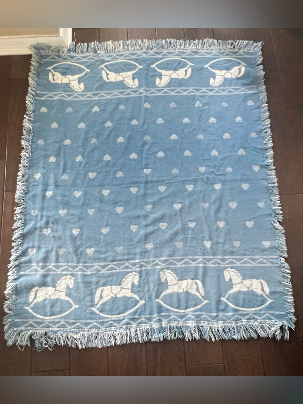 Vintage 80s Blue and White Hearts and Rocking Horses Blanket w/Fringe
